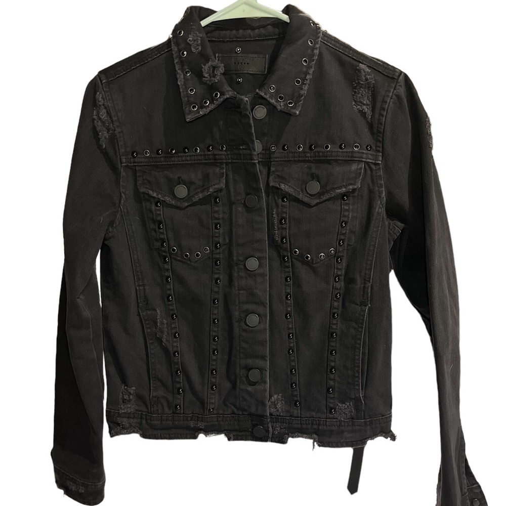 Blank NYC distressed, studded, black denim jacket.